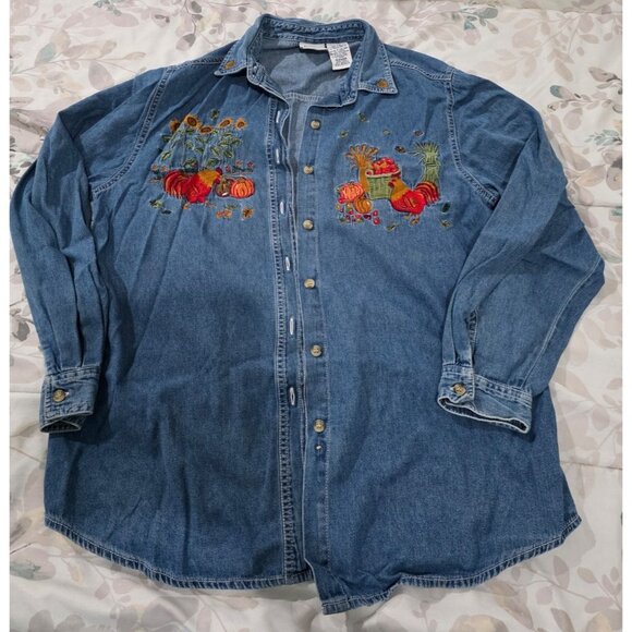 Ladies Vtg 90s Denim Shirt Size L Blue Jean Fall Rooster Garden Embroidered - Picture 1 of 5